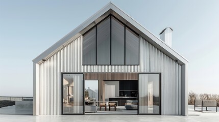 Modern architectural design of a house with large windows and a minimalist aesthetic.