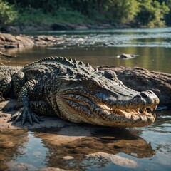 Obraz premium A crocodile resting on a riverbank with sparkling water behind.