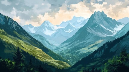 Breathtaking mountain landscape showcasing majestic peaks and lush valleys.