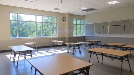 Empty classroom with tables and large windows overlooking trees.