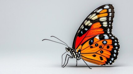 a photostock of a close-up of a single butterfly on a smooth white surface, delicate detail 2025