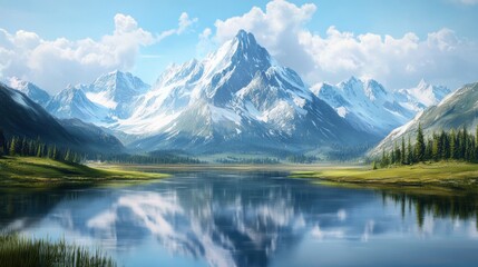 Fototapeta premium Breathtaking view of a serene alpine landscape with towering mountains and a crystal-clear lake reflecting the sky.
