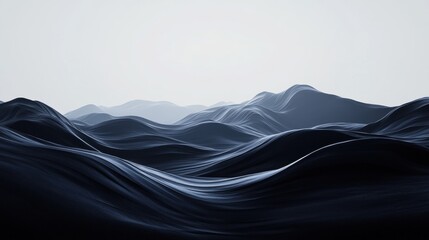 Abstract dark blue landscape with smooth, flowing waves creating a serene and tranquil atmosphere.