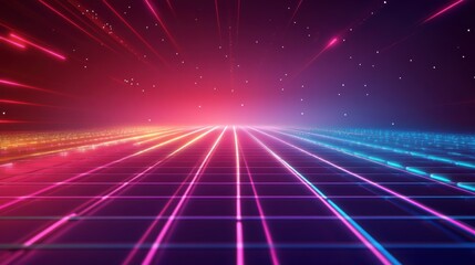 A vibrant, futuristic landscape with neon lights and a grid pattern fading into a colorful horizon.
