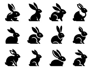 Twelve Black Silhouette Rabbits Collection: A Set of Elegant Bunny Icons