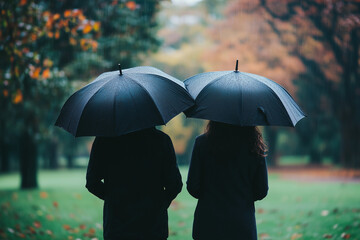 Peaceful scene of two individuals walking side by side under umbrellas, surrounded by colorful autumn foliage. Perfect for moody, romantic, and contemplative themes