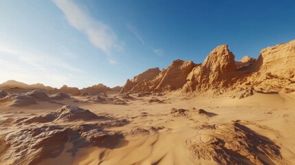 Fototapeta premium Vast stretches of golden sand and striking rock formations dominate the arid terrain, showcasing the harsh beauty of the desert under brilliant sunlight.
