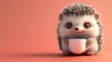 A 3D rendered cartoon hedgehog with big eyes smiles while holding a white cup against a peach background.