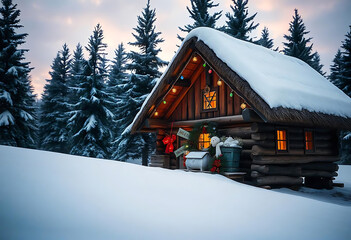 Snow-covered cabin surrounded by pine trees with Christmas lights, and copy space in the snow,