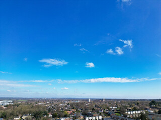 Aerial View of Central Hatfield City and Downtown of Hertfordshire, England, United Kingdom. High Angle Footage Was Captured with Drone's Camera from Medium High Altitude on March 9th, 2024