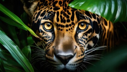 Obraz premium Close-up view of a jaguar's intense yellow eyes peeking through lush jungle foliage in the Amazon rainforest