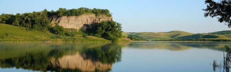 A tranquil morning unfolds at Lake Red Rock, where the serene water reflects the surrounding cliffs and vibrant vegetation, creating a soothing atmosphere.