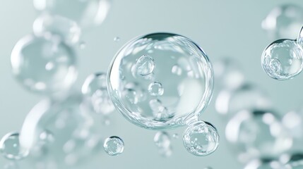Close-up of transparent bubbles floating gracefully in soft focus, creating a serene and calming atmosphere.