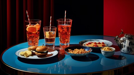 A lavish midnight snack setup featuring gourmet sliders crispy fries and refreshing sparkling water presented in a sophisticated and indulgent manner for a satiating late night dining experience