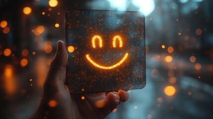customer service evaluation concept pressing face smile emoticon show on virtual screen survey poll or questionnaire for user experience or customer satisfaction researc