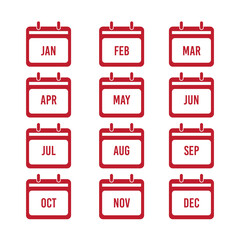 Calendar icons for each day of the week. Red calendar icon set. Vector illustration.