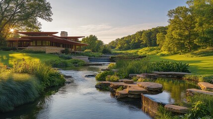 Fototapeta premium A modern structure rests beside a serene stream, framed by vibrant green foliage and gentle water flows. The setting sun casts a warm glow over the idyllic landscape.