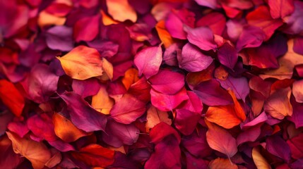 Vibrant autumn leaves, a carpet of crimson, orange, and purple fallen leaves.