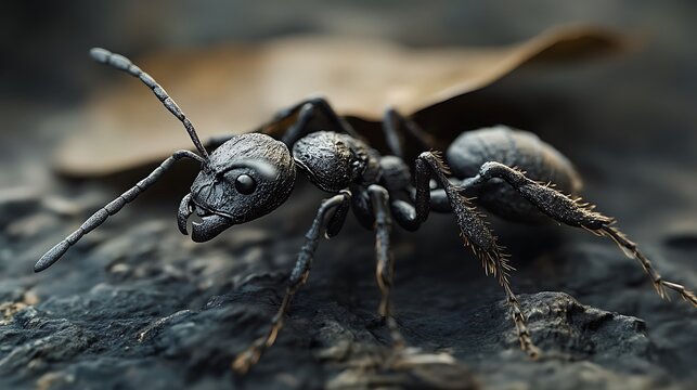 Detailed Close Up Of A Black Ant On Dark Ground