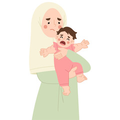 Illustration of a mother holding a fussy baby