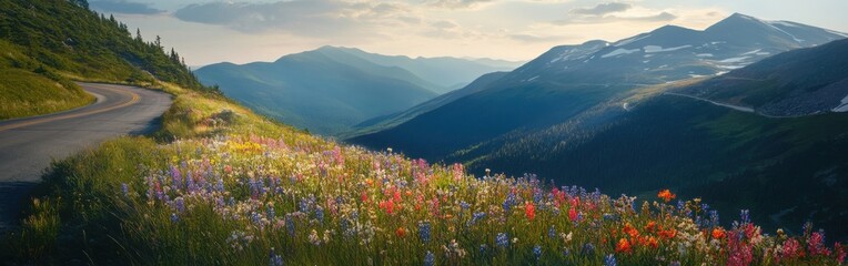 Obraz premium Visitors can enjoy a tranquil drive along the Mt Washington Auto Road, where colorful wildflowers bloom against a backdrop of majestic mountains during the golden hour.