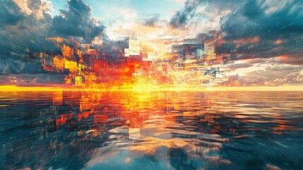 Abstract cityscape reflected in sunset water.
