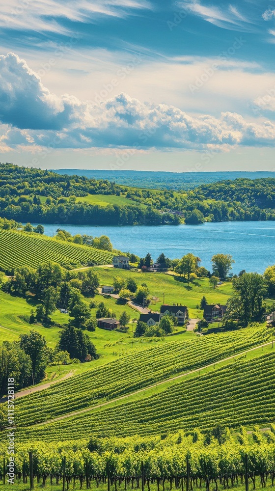 Poster lush green vineyards stretch across the hillsides, merging with the calm waters of the finger lakes,
