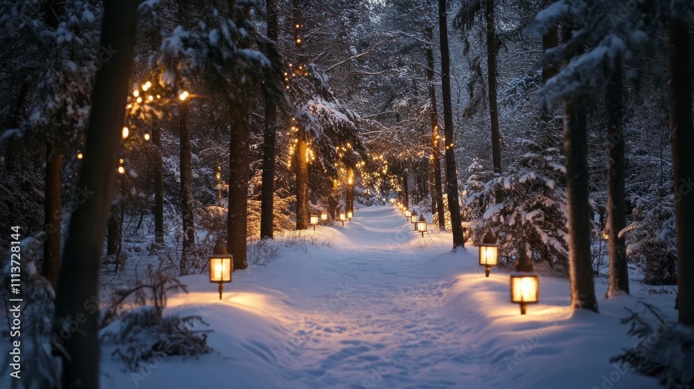 Aufkleber snow blankets the tranquil pathway winding through the forest, softly lit by glowing lanterns and fa