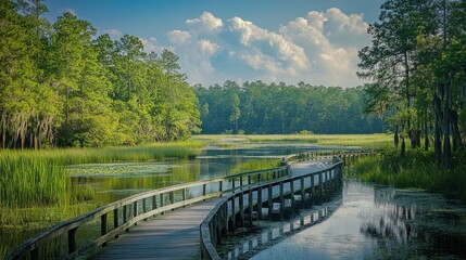 Visitors enjoy a peaceful walk along the winding boardwalk surrounded by vibrant greenery and tranquil waters in the Atchafalaya Basin, evoking a sense of serenity.