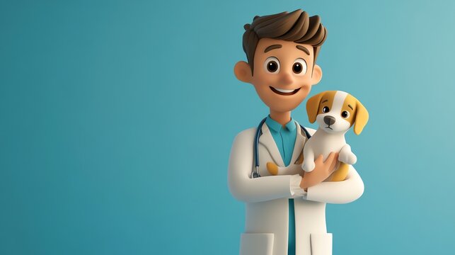 A 3D rendered cartoon character of a veterinarian holding a cartoon puppy in front of a blue background.
