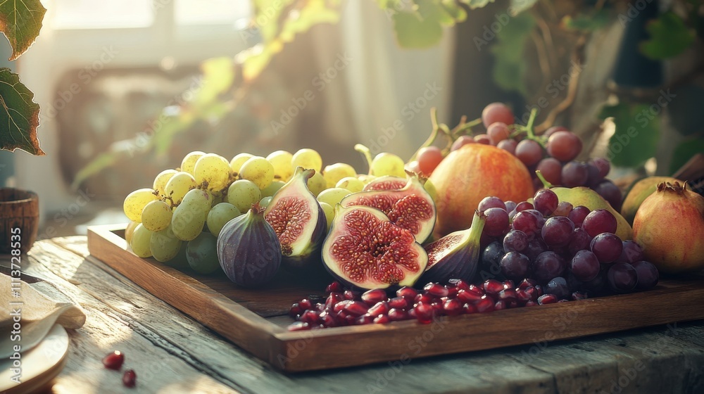 Poster the setting features a wooden table displaying an assortment of fresh fruits including figs, grapes,