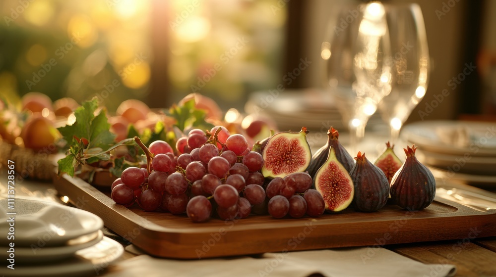 Poster a beautifully arranged rustic table displays a bounty of fresh grapes and figs. soft sunlight filter