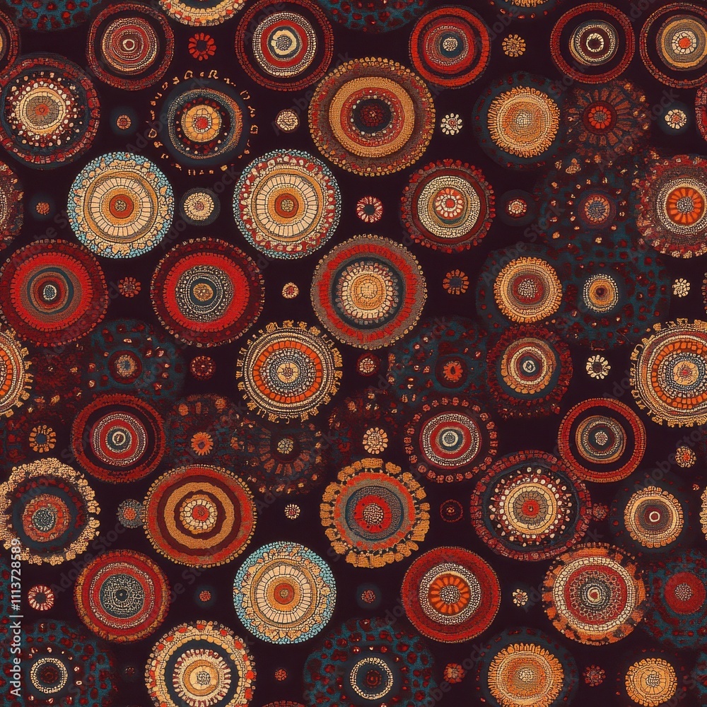 Aufkleber This design showcases a seamless array of circular motifs in various colors and patterns, set against a deep background. Perfect for fabric or wallpaper applications.