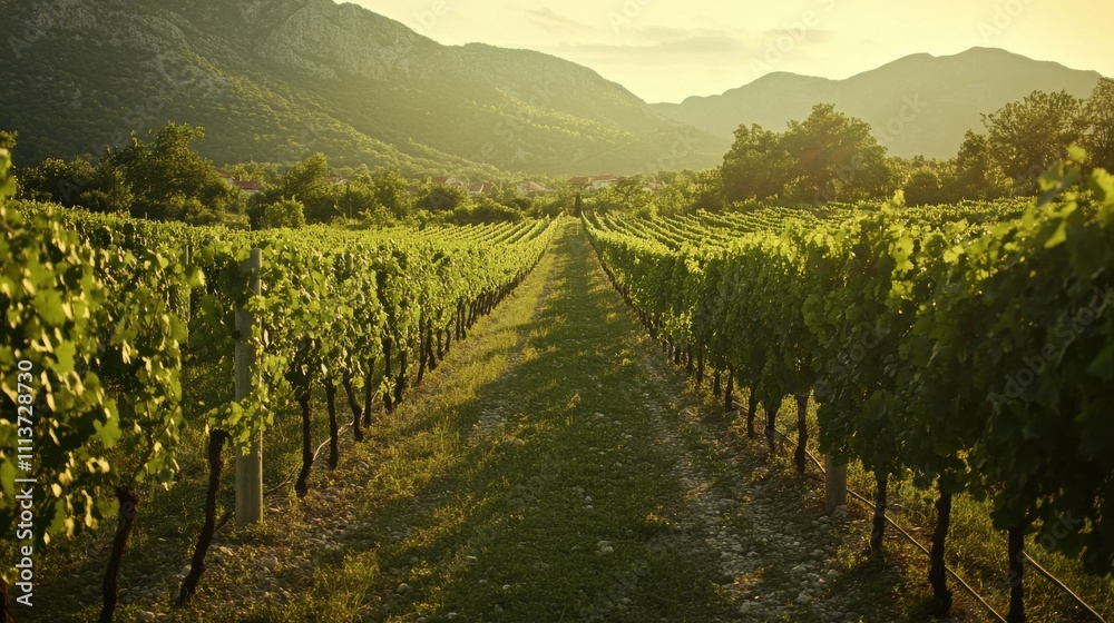 Poster the vineyard basks in soft morning light as rows of lush grapevines stretch toward the horizon, surr