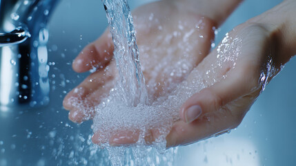 Fototapeta premium Close-Up of Hands Under Flowing Water with Bubbles and Spray Creating a Refreshing and Clean Atmosphere in a Bright Bathroom Setting