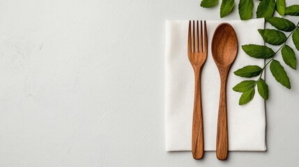 a photostock of a pair of biodegradable utensils on a white linen napkin, eco-friendly 2025 trends
