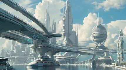 A futuristic bridge city bustling with eco-friendly transportation