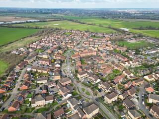 Aerial View of Central Hatfield City and Downtown of Hertfordshire, England, United Kingdom. High Angle Footage Was Captured with Drone's Camera from Medium High Altitude on March 9th, 2024