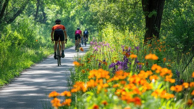 On a sunny day, cyclists ride along the Katy Trail, with vibrant wildflowers lining the path. The lush greenery creates a picturesque outdoor atmosphere.