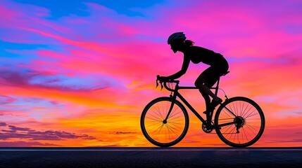 Naklejka premium a photostock of a silhouette of a cyclist riding on an empty road under a pastel sky, active lifestyle 2025