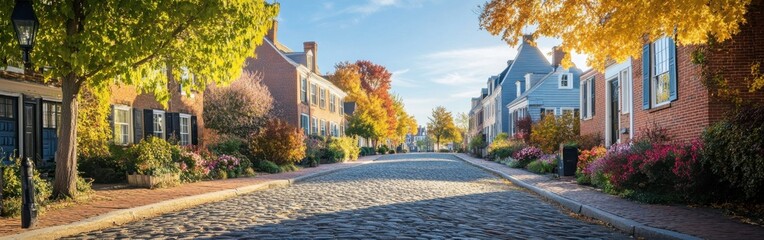 Naklejka premium A tranquil moment captures the historic district adorned with colorful autumn leaves. Cobblestone streets lead to charming homes, basking in the warm sunlight of a clear day.