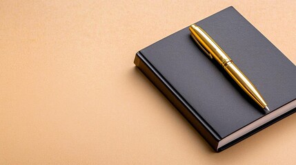 a photostock of a simple planner book and pen with gold accents on a clean beige background, elegant 2025 design