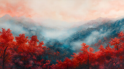 Picturesque panoramic view of the mysterious beech forest in a thick morning fog, Red and orange leaves, Lorraine, France, Atmospheric autumn landscape, environmental conservation, nature