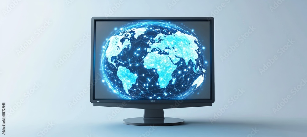 Fototapete World map on computer screen. Global internet network telecom and communication. Generative AI technology.	
