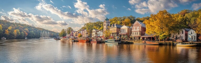 Obraz premium Visitors enjoy the warm colors of autumn in this picturesque riverside town, where quaint buildings line the water and boats float gently nearby.