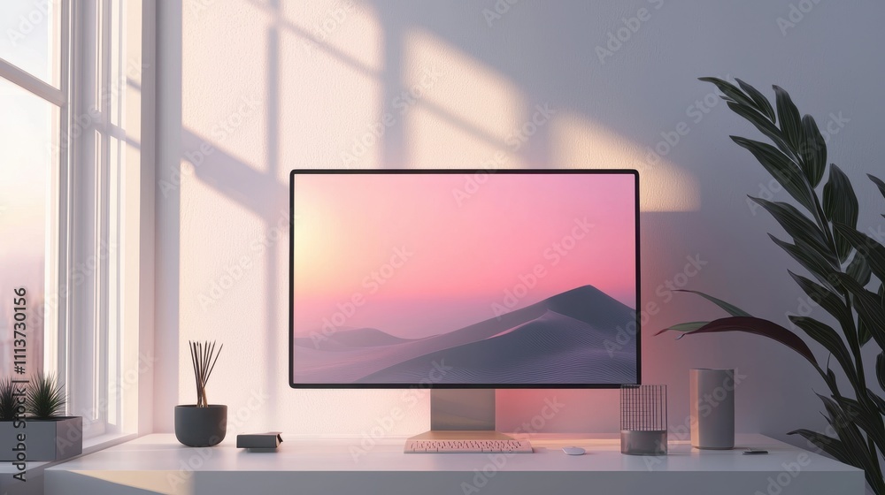 Poster modern workspace with computer displaying smooth gradient landscape in bright natural light