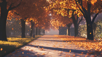 Autumn landscape with a path in the autumn park, 3d rendering, Beautiful autumn landscape with yellow and red trees in the park, autumn tree forest wallpaper