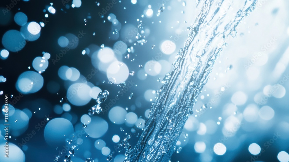 Wall mural abstract close-up of flowing water with sparkling droplets against a blue bokeh background, creating
