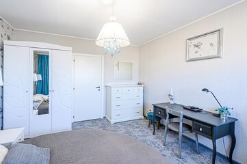 Fototapeta premium interior room apartment bedroom with bed, cozy place to sleep and relax