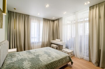 interior room apartment bedroom with bed, cozy place to sleep and relax